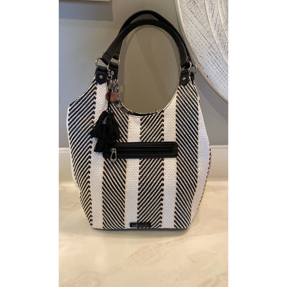 Sakroots Roma Woven Straw Shoulder Hobo Bag  Black White Stripe Boho Expandable - Picture 5 of 12